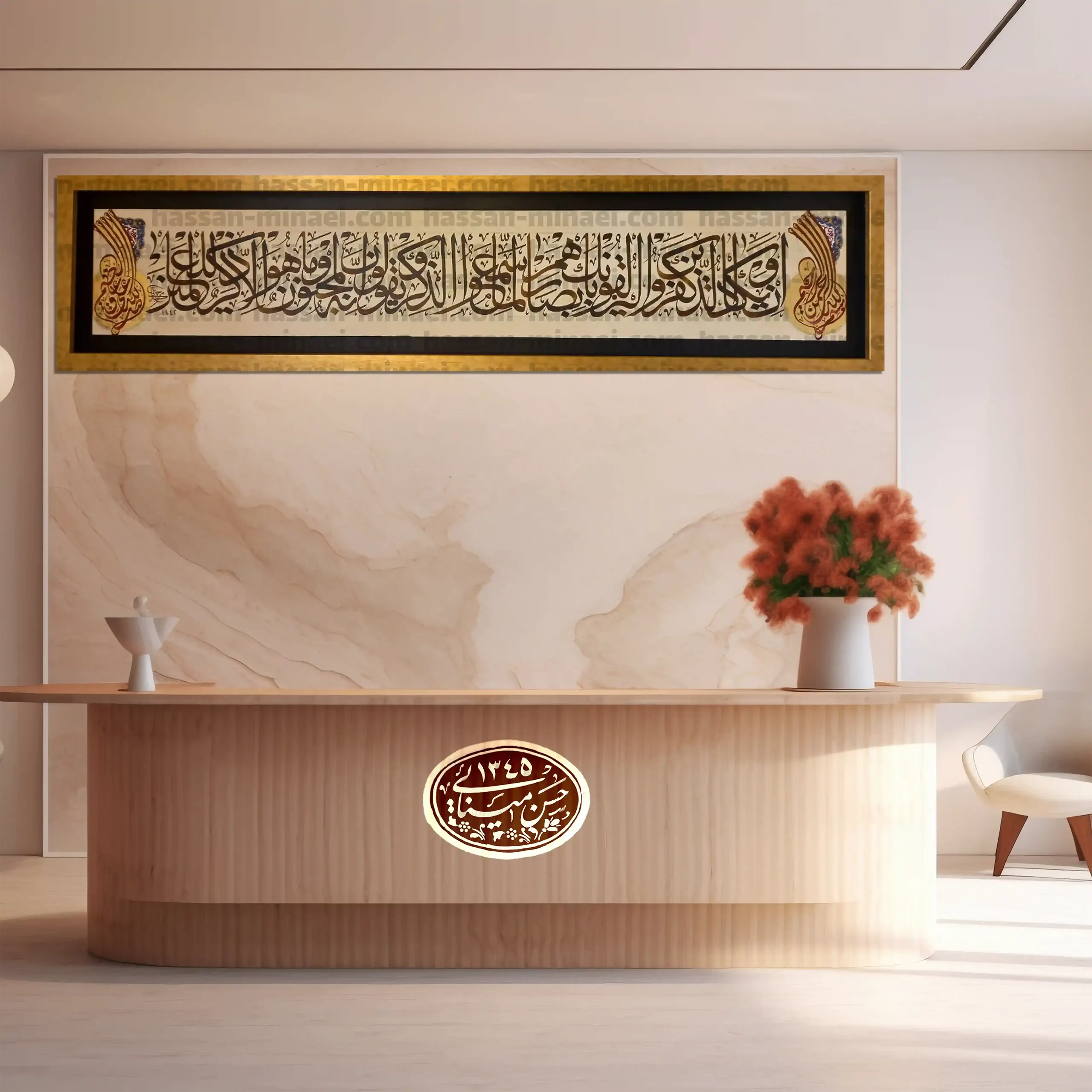 تابلو وان یکاد با ابعاد بزرگ ۲۰۰×۵۰ سانتی‌متر، طراحی افقی با مرکب و ورق طلا روی بوم
